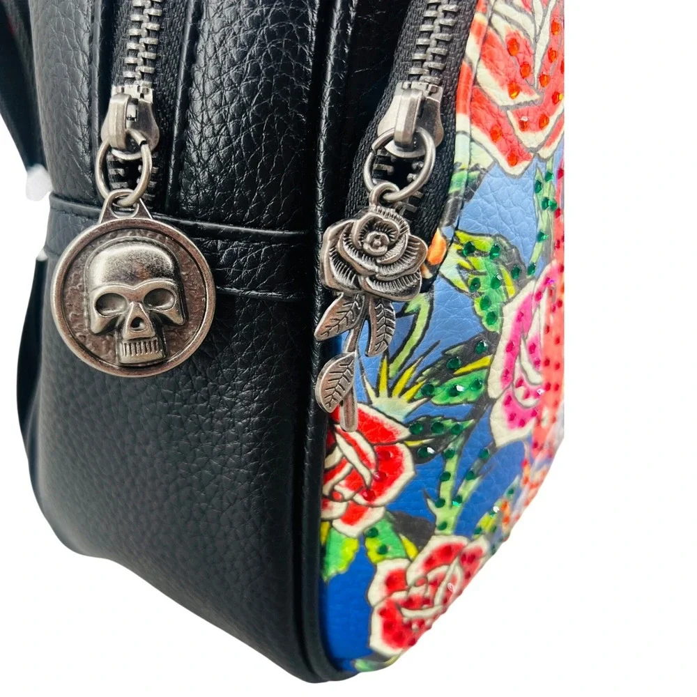 Ed Hardy Studded Mini Backpack Black Skull Horse Roses Tattoo‎ Art Y2K NWT